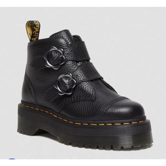 DR. MARTENS DEVON FLOWER BUCKLE LEATHER PLATFORM BOOTS Sz 7 LADIES - Picture 2 of 9